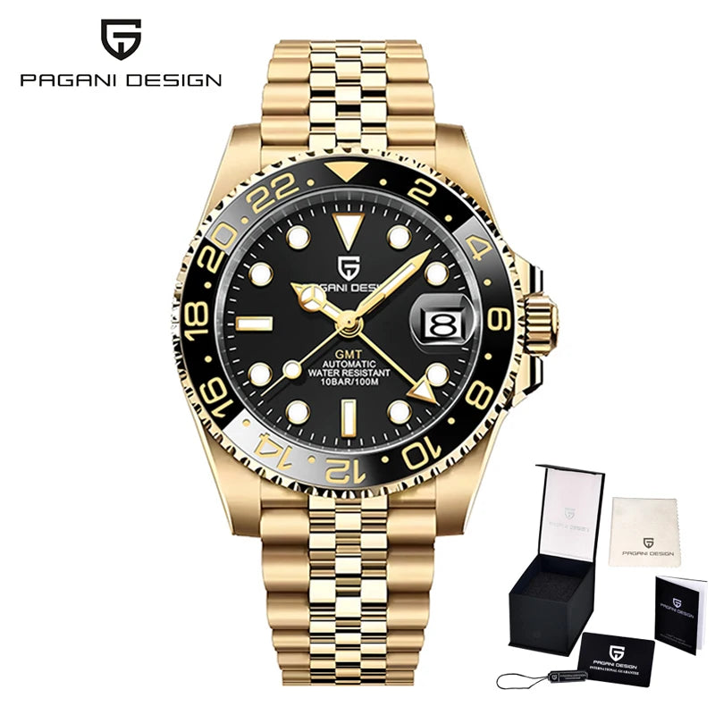 PAGANI DESIGN 40mm Reloj mecánico de lujo para hombre, reloj GMT de acero inoxidable, marca de alta gama, cristal de zafiro, relojes para hombre