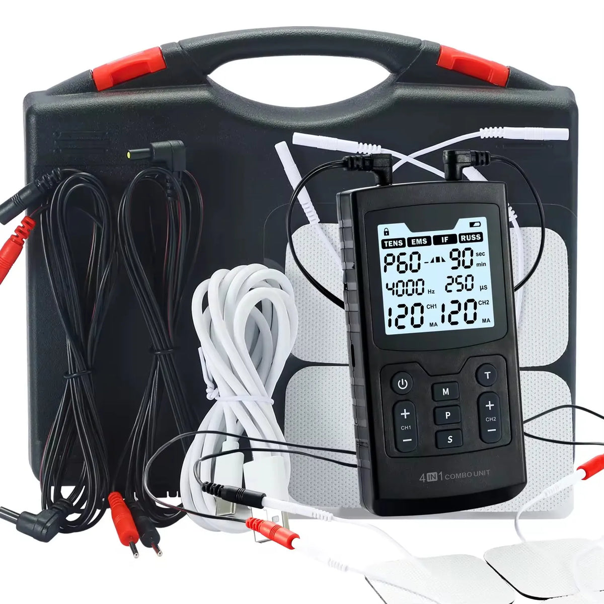 60 modos de masaje 4 en 1 Estimulador muscular eléctrico Combo terapia de fisioterapia 4000Hz EMS IFC RUSS TENS electroestimulador de pulso