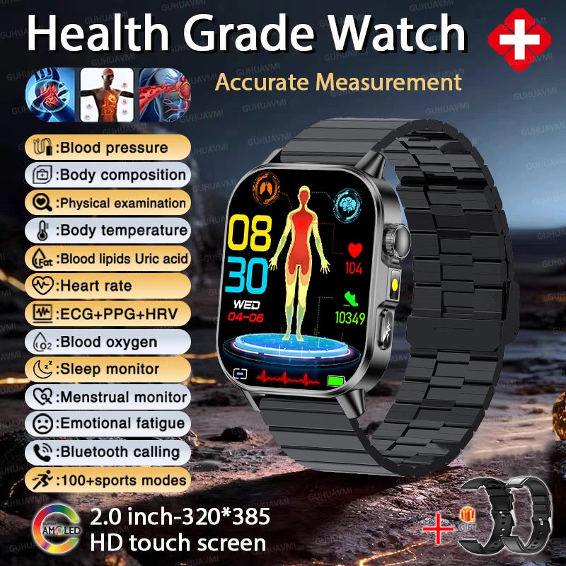 Reloj inteligente de enfermería de alta gama 2026 para hombre, ECG+PPG, presión arterial precisa, lípidos, ácido úrico, pantalla AMOLED de 2.0 pulgadas, reloj de llamadas HD para hombre