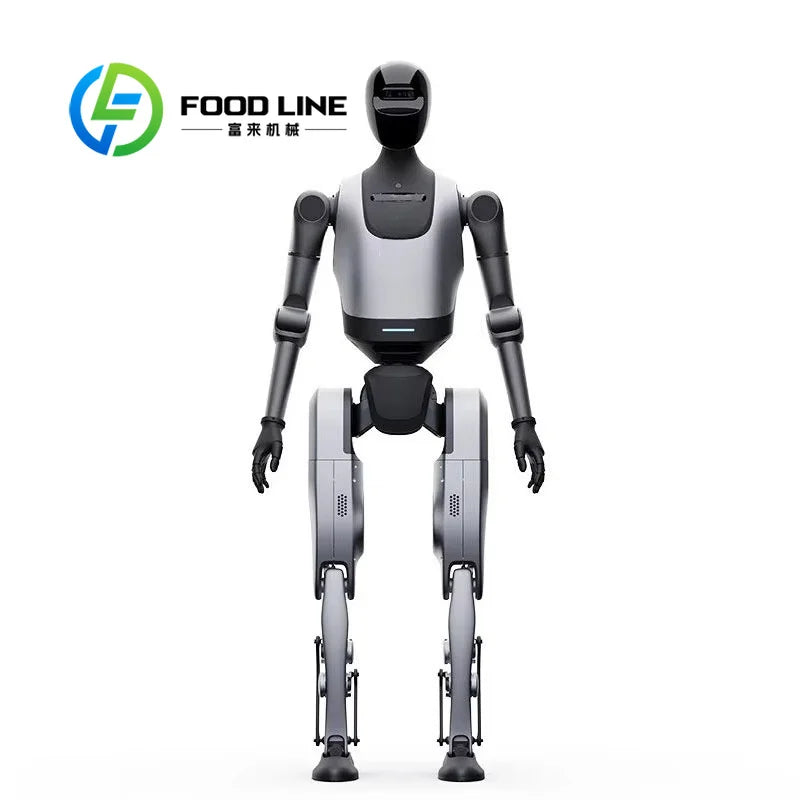 Robot humanoide logístico gris y negro, brazos y piernas articulados