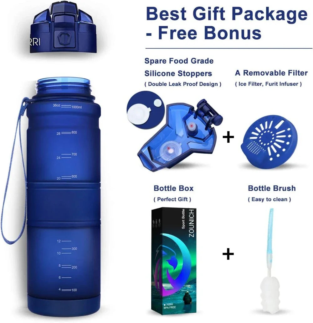 Botellas de agua de 1000ML, mezclador de proteínas de gran capacidad, botella portátil de plástico para beber, libre de BPA Tritan, con pantalla de filtro