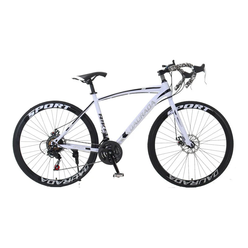 Bicicleta de carretera de 27.5 pulgadas con doble freno de disco, cuadro de acero al carbono, llanta de 40 mm, 21 velocidades, vehículo de carreras resistente con neumáticos de alta fricción.