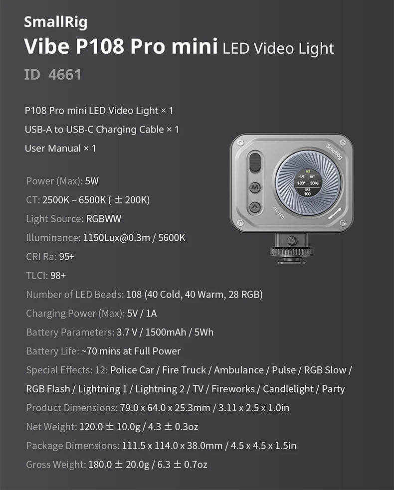 Luz de Video LED Mini SmallRig Vibe P96 Pro, Color Rosa o Negro a Elegir, 1.2 Horas de Duración de Batería, 2500K-6500K