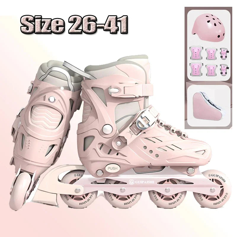 Patines en línea con casco, protectores de codo y rodilla, bolsa para zapatos, juego de 4 ruedas con luces, zapatillas para niños y niñas, patines ajustables.