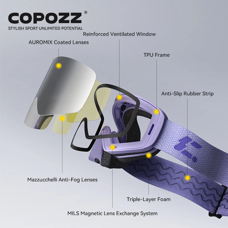 COPOZZ gafas de esquí magnéticas de invierno para adultos al aire libre protección UV400 alta definición antiniebla desmontable mujeres hombres gafas de Snowboard