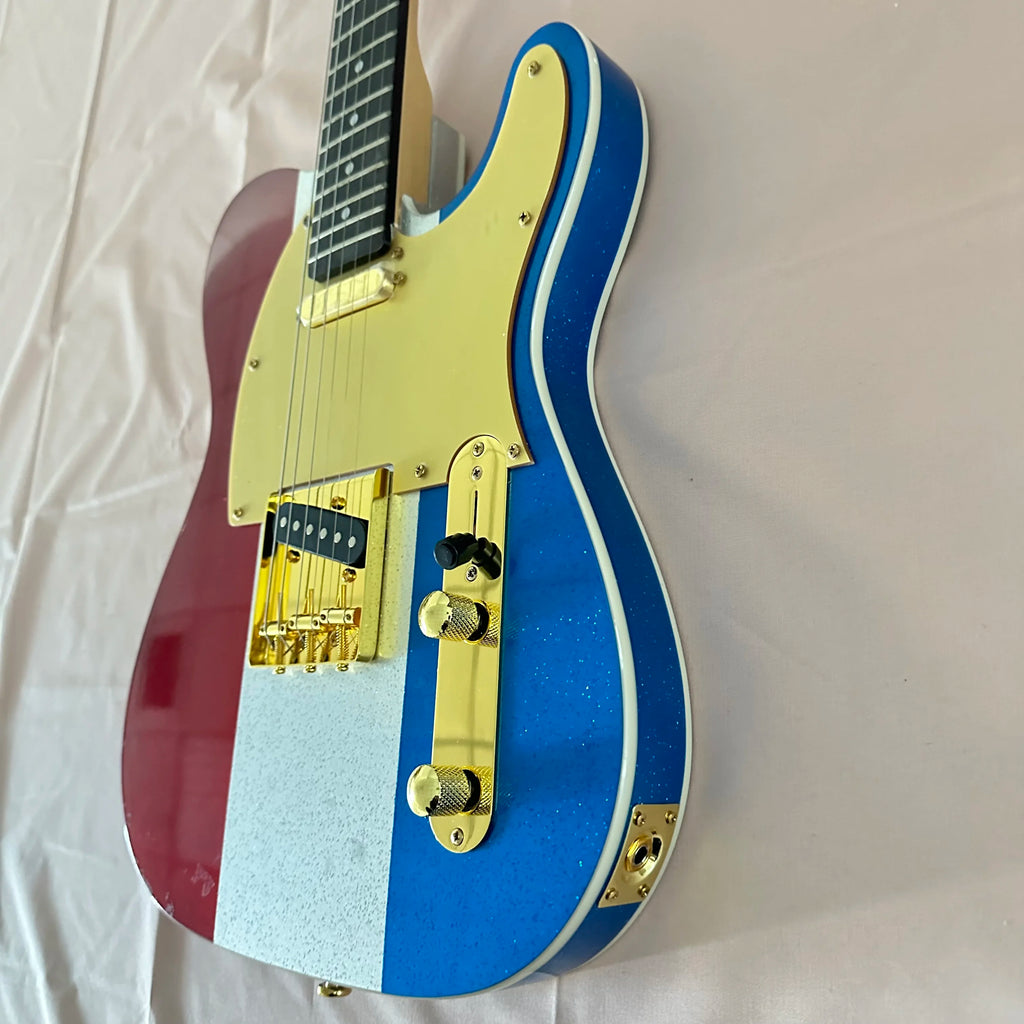 Guitarra Eléctrica Roja, Plateada y Azul con Brillantina, Rayas Verticales, Herrajes Dorados, Pastillas Individuales, Estilo Vintage Country Rock, En Stock
