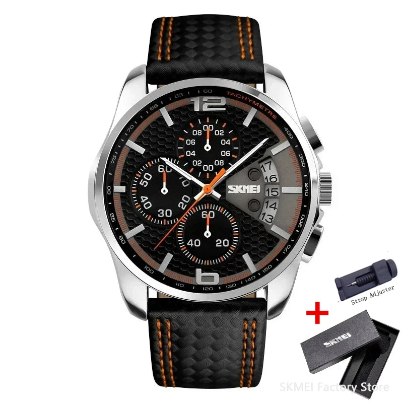SKMEI 9106 Waterproof Quartz Sport Watch for Men Luxury Leather Date Calendar Stopwatch Wristwatches Mens Shockproof Clock
