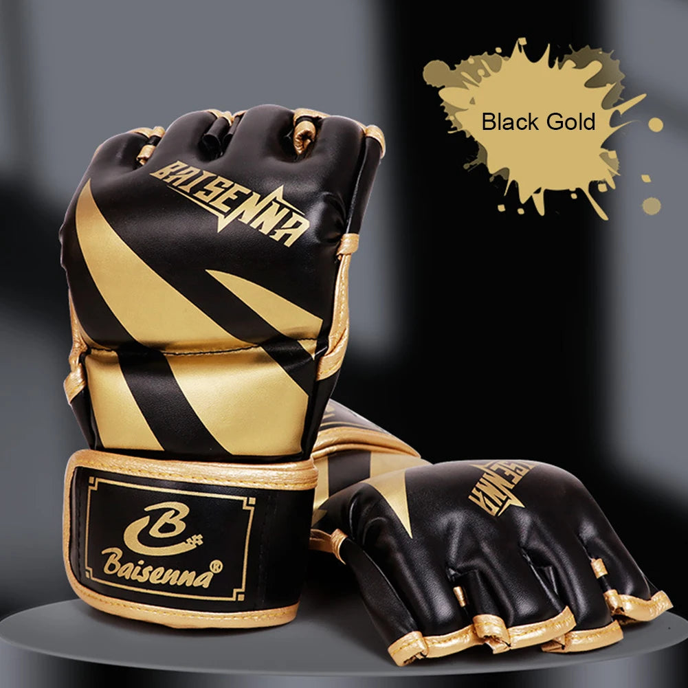 Guantes de Boxeo de Medio Dedo, Guantes de Boxeo MMA, Guantes de Competición de Muay Thai, Guantes de Entrenamiento de Boxeo de Cuero PU con Esponja
