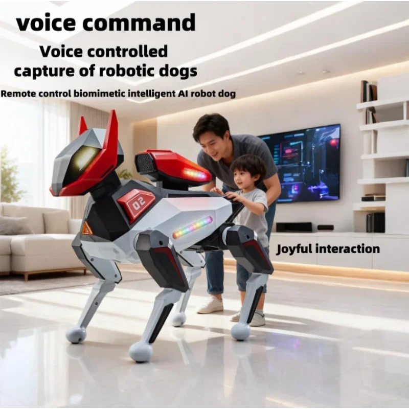 Perro robot biónico rojo y negro, con patas articuladas y control por voz