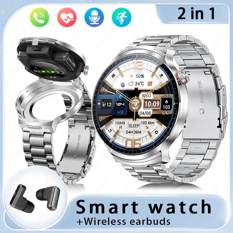 LIGE TWS Smart Watch with Earbuds 1.85" IPS Screen BT Call Heart Rate Sleep Monitor Waterproof Sports Smartwatch for Android iOS