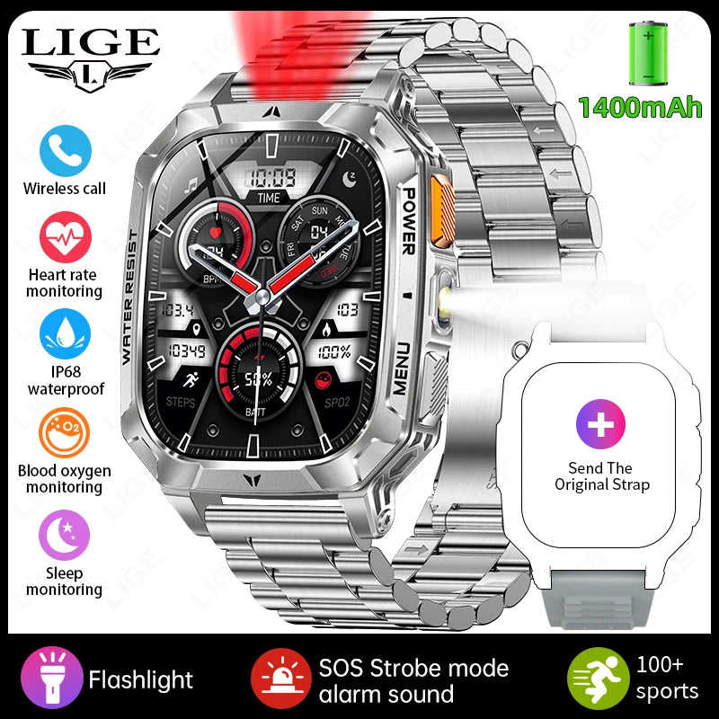 LIGE Outdoor Military Smart Watch Men 1400mAh Big Battery LED Flashlight SOS Alarm Bluetooth Call 100+Sports Modes Waterproof Smartwatch For Android IOS
