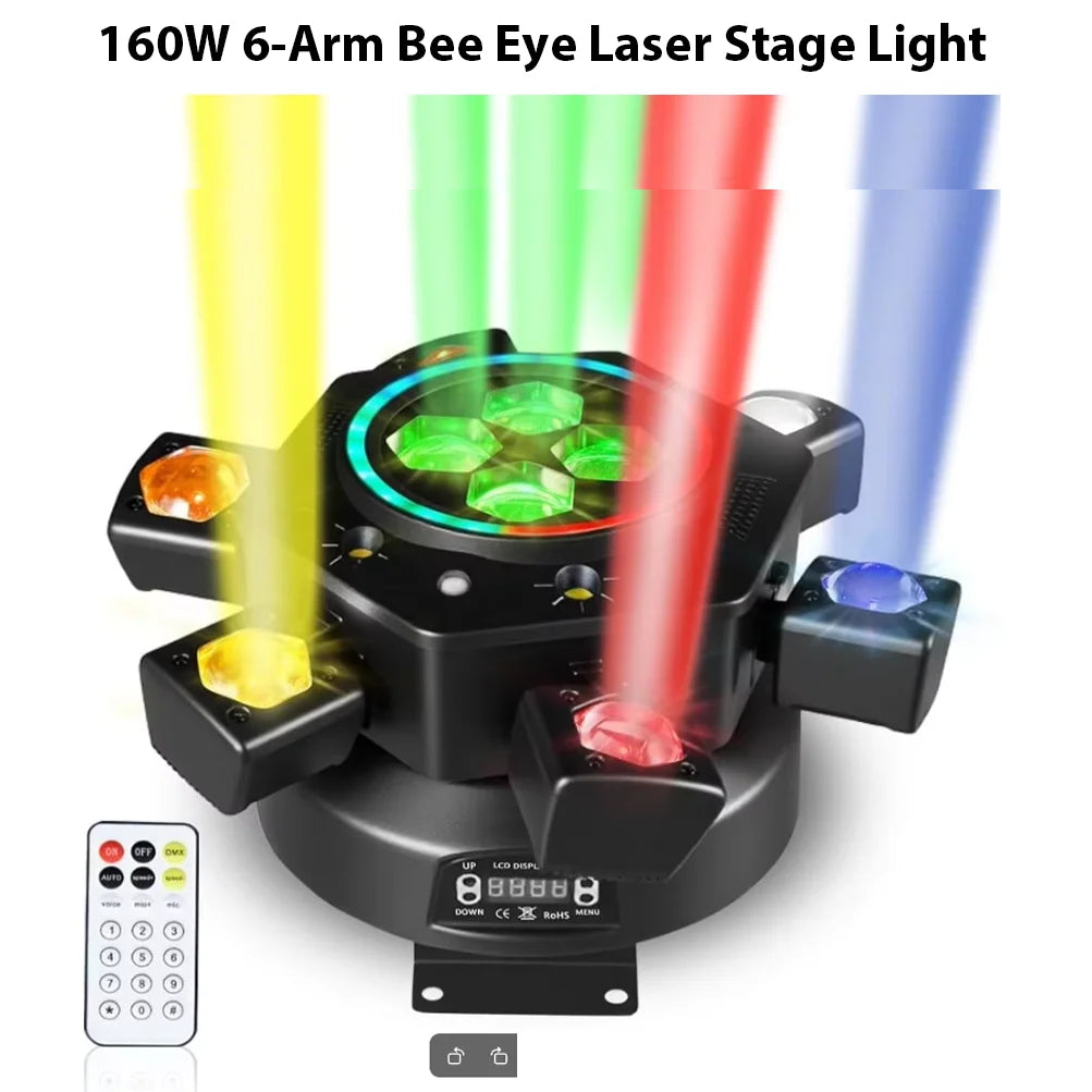 Luz de cabeza móvil con control remoto, haz RGBW de 6 brazos, estroboscopio láser, iluminación de escenario DMX512 para DJ, discoteca y KTV