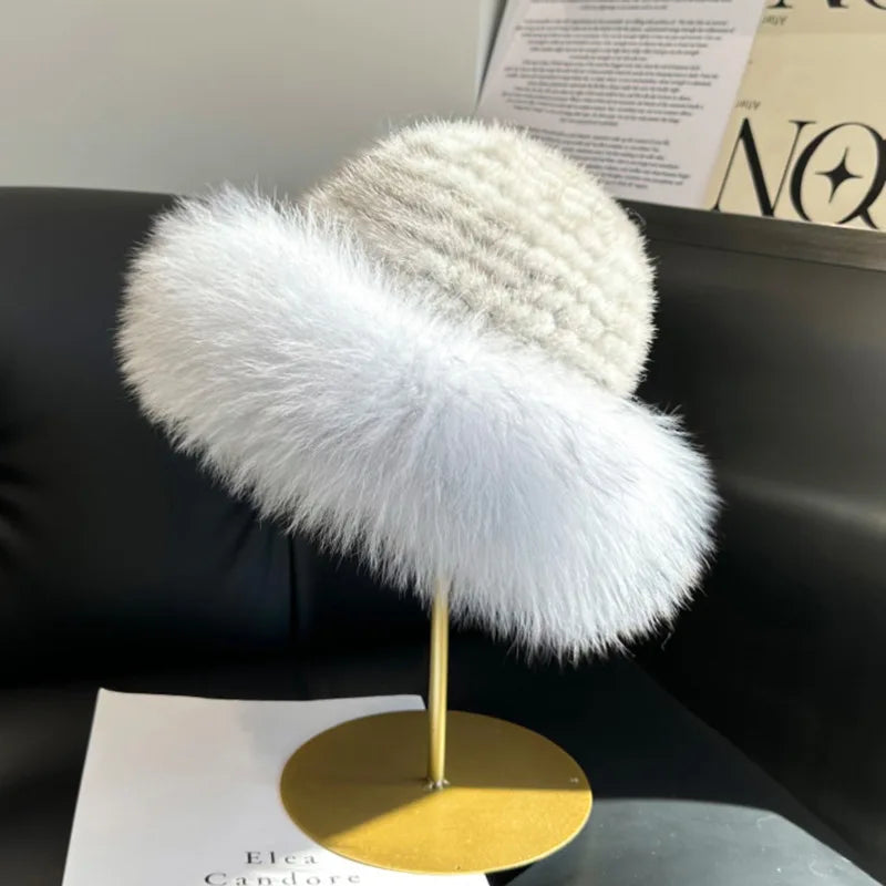 Gorro de piel de visón auténtica para mujer, gorro de pescador a la moda de invierno, gorro de piel de visón Natural con gorros de piel de zorro, gorro de bombardero de punto ruso