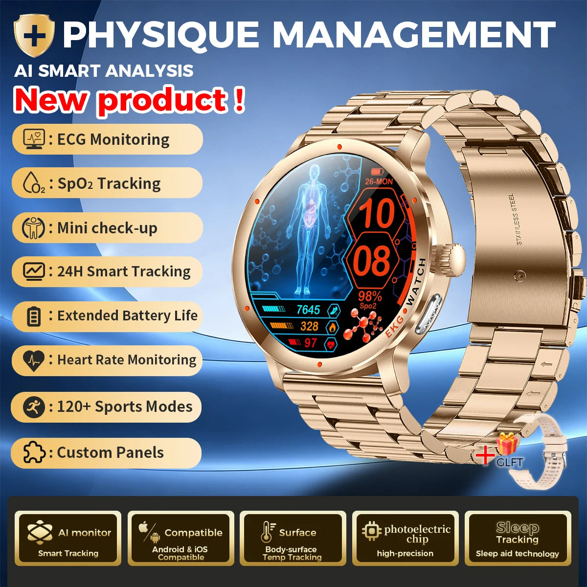 Reloj inteligente LIGE 2026 con diagnóstico por IA, ECG+PPG, ácido úrico preciso, oxígeno en sangre, grasa corporal, deportes, fitness, resistente al agua, reloj inteligente de salud