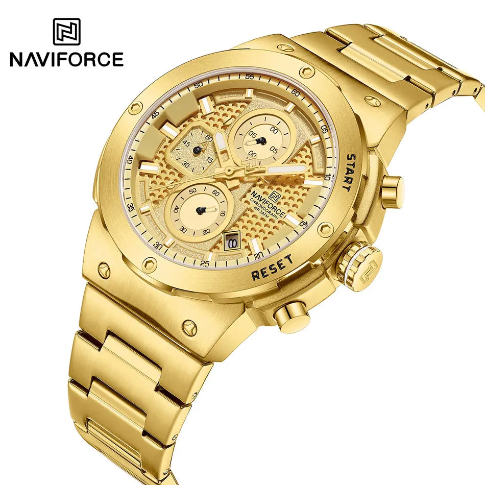 Reloj NAVIFORCE de lujo para hombre, con cronógrafo de cuarzo, luminoso, calendario, resistente al agua, de acero inoxidable, estilo deportivo y militar.