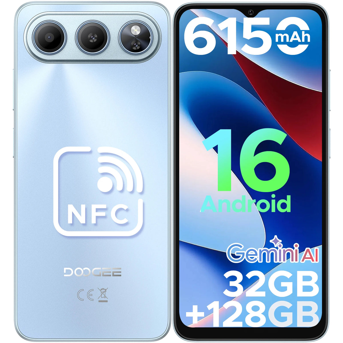 Smartphone DOOGEE Note 60 Android 16, Inteligencia Artificial Gemini, batería de 6150 mAh, 6,56 pulgadas, 32 GB de RAM (3 GB + 29 GB), 128 GB de ROM, cámara principal de 13 MP, compatible con NFC y Google Pay