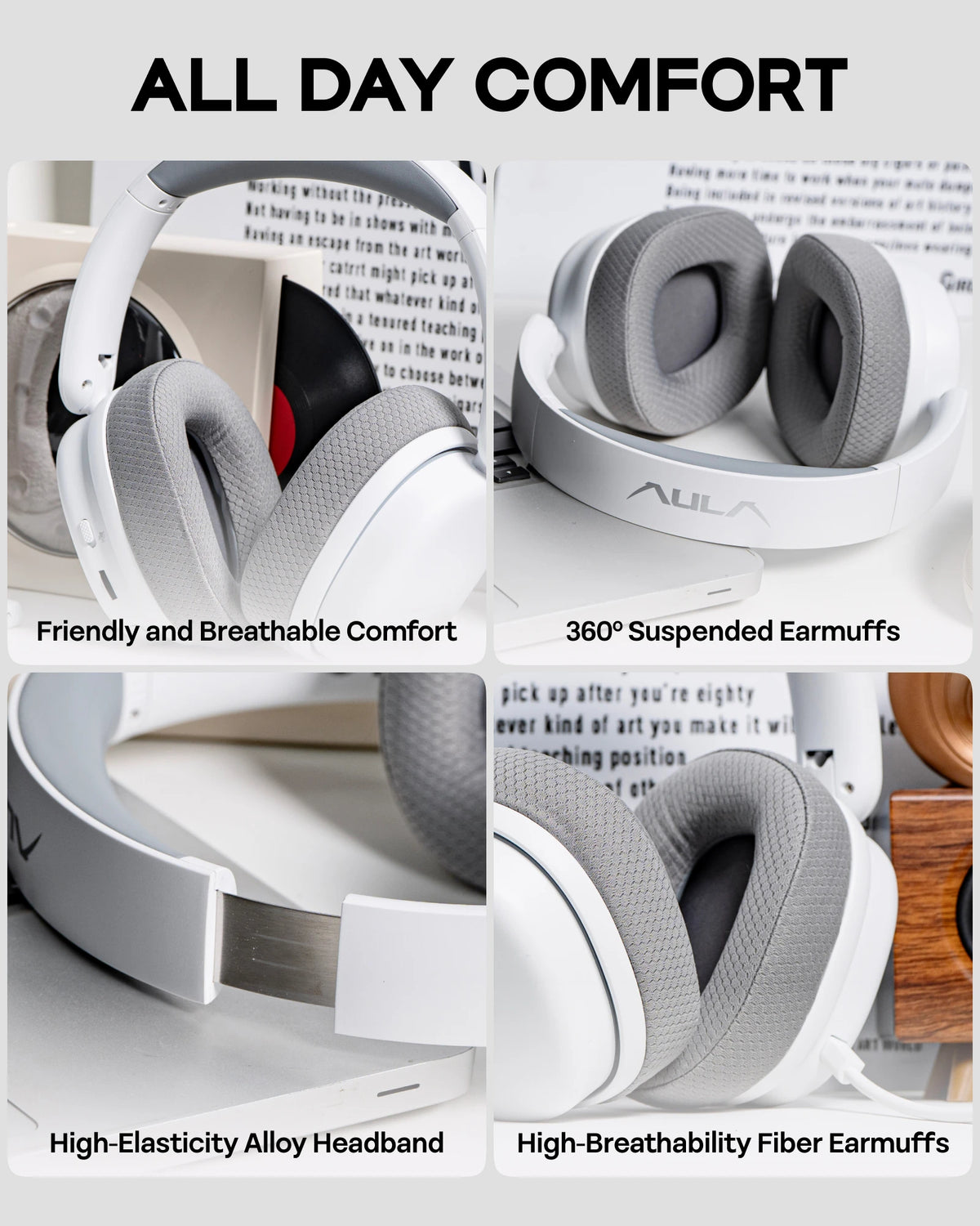 Gráfico de comodidad de auriculares gaming: orejeras 360° y ajuste elástico