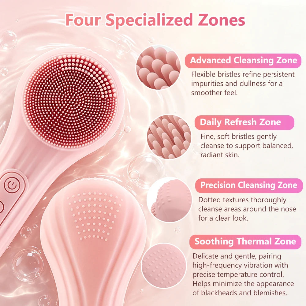 Cepillo de Limpieza Facial Eléctrico de Silicona con Vibración y Calor, Cepillo para Lavar la Cara a Prueba de Agua con 5 Velocidades Ajustables