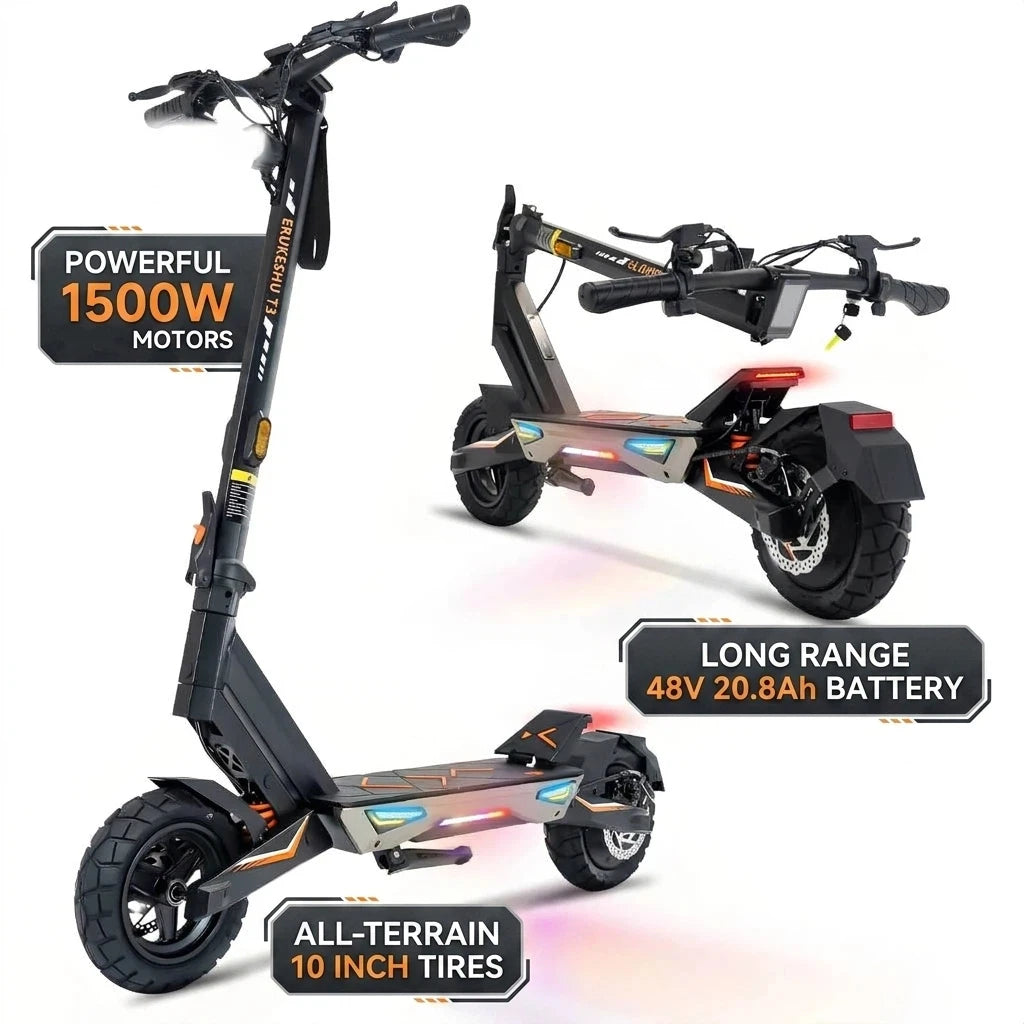 Patinete eléctrico negro y naranja con ruedas todoterreno de 10 pulgadas