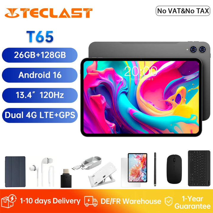 TECLAST T65 Pad Table Unisoc T7280 26GB RAM (6GB+20GB) 128GB ROM Pantalla de 120Hz Android 16 8000mAh WiFi 4G LTE Versión Global