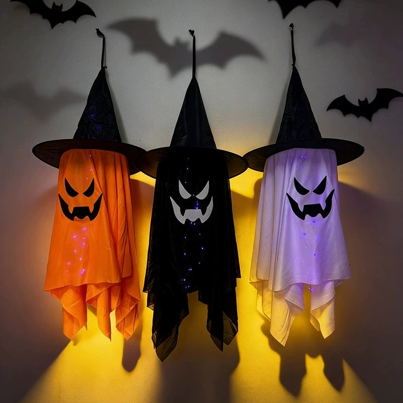 Sombrero de Bruja LED Brillante de Halloween, Colgantes de Fantasma, Adorno Colgante Iluminado, Decoración de Puerta Exterior para Fiestas y Escenarios de Jardín