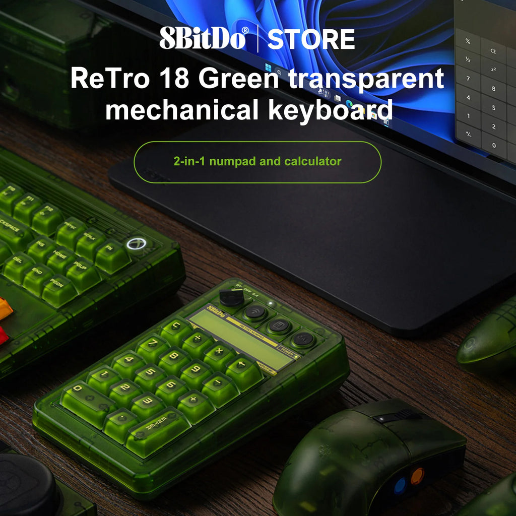 Teclado Numérico Mecánico Retro 18 de 8BitDo, con Licencia Xbox, Transparente Verde, Bluetooth 2.4G, Cableado, Intercambiable en Caliente, Modo Calculadora para Windows
