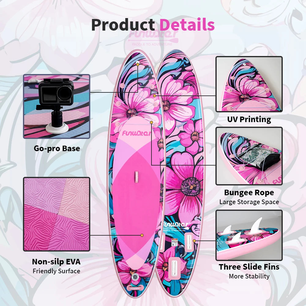 Funwater SUPFW36B Tabla Paddle Surf Hinchable Tabla SUP 335x84x15cm 165kg+ Rosa Flores Turquesa EVA Antideslizante Soporte Cámara Tres Quillas Lagos Costa Yoga Pesca Travesía Vacaciones Kit Accesorios