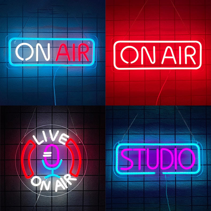 Cartel de neón LED "ON AIR" con marco rectangular de luz azul y roja