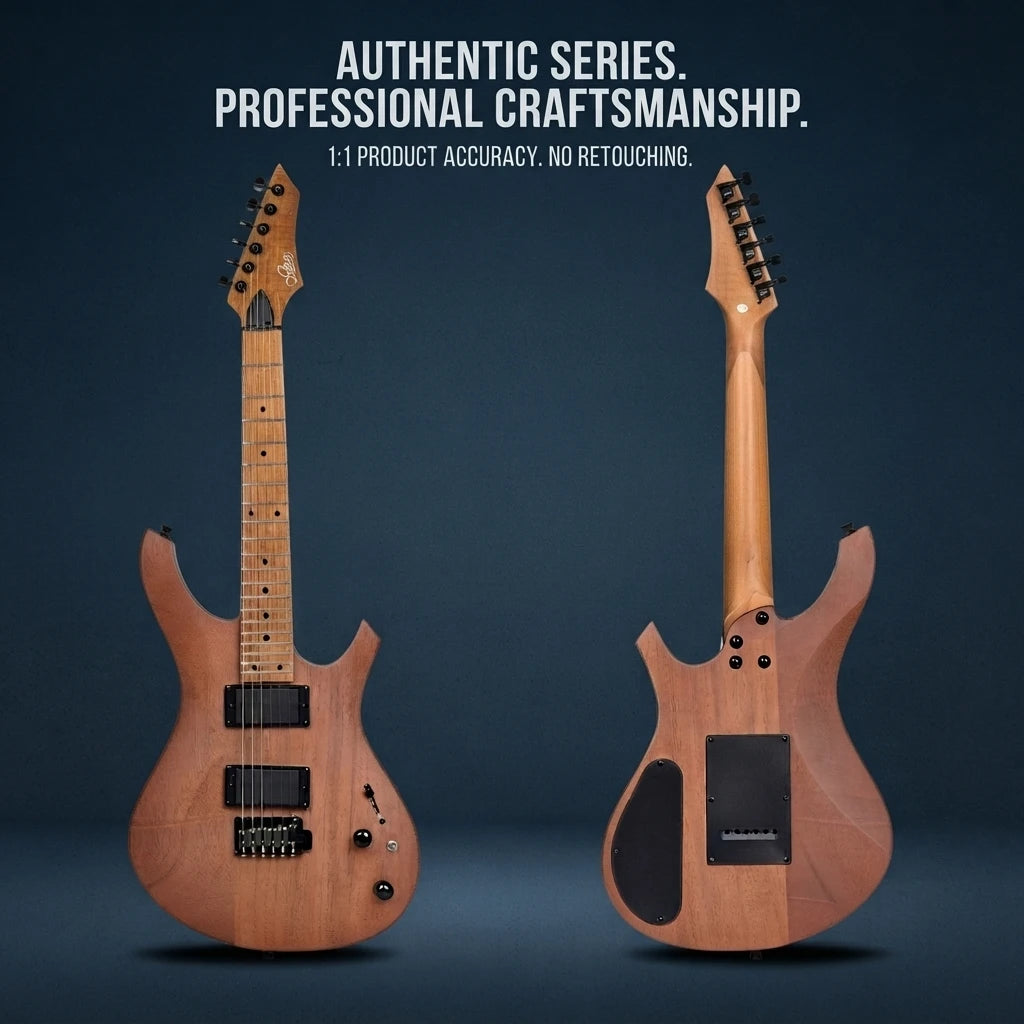 Guitarra eléctrica de estilo rock profesional con acabado brillante, 24 trastes, pastillas HH, herrajes cromados y 6 cuerdas, ideal para músicos que actúan en vivo.