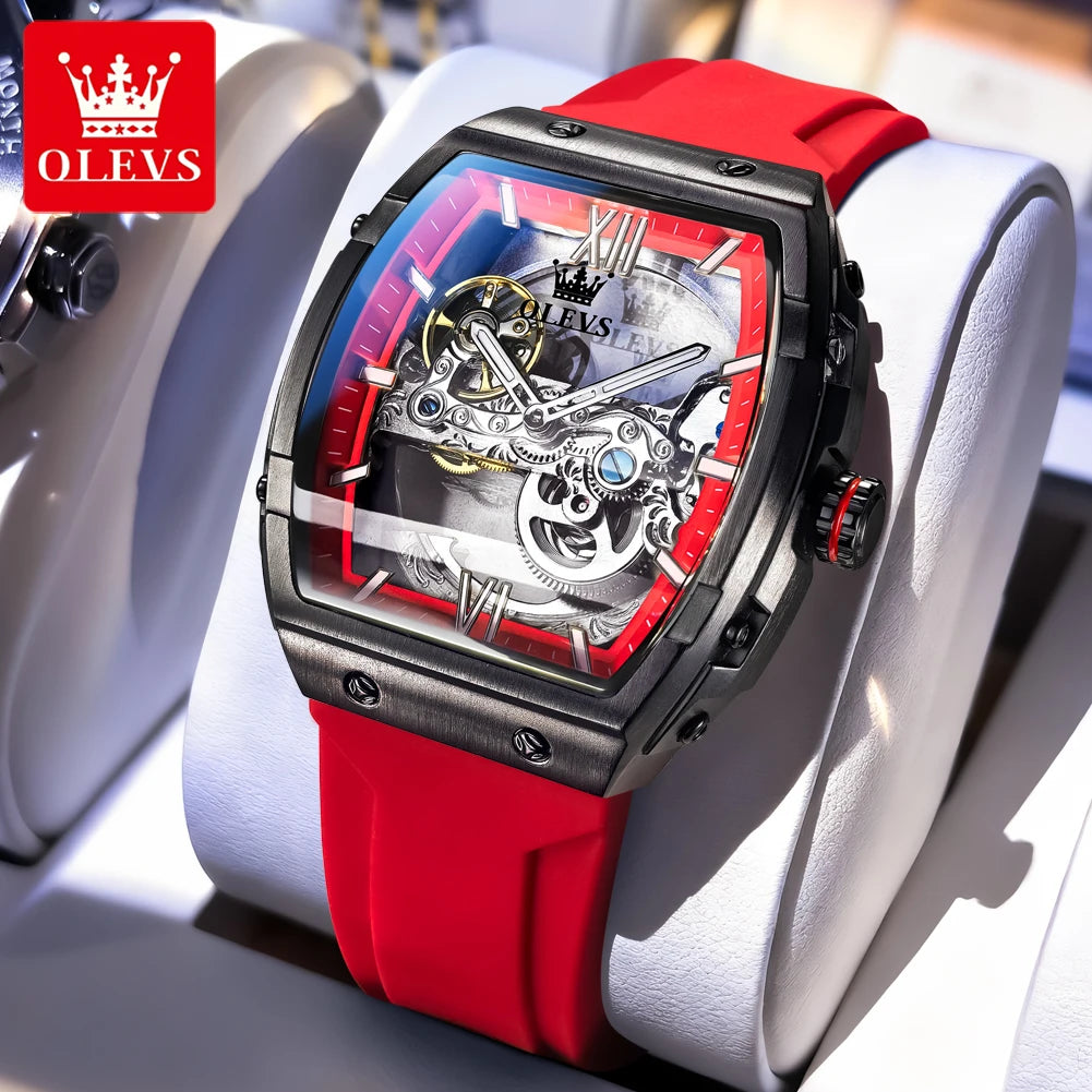 Reloj automático para hombre OLEVS 6779, esfera grande de 50 mm, diseño esqueleto, resistente al agua, correa de silicona, reloj mecánico para hombre