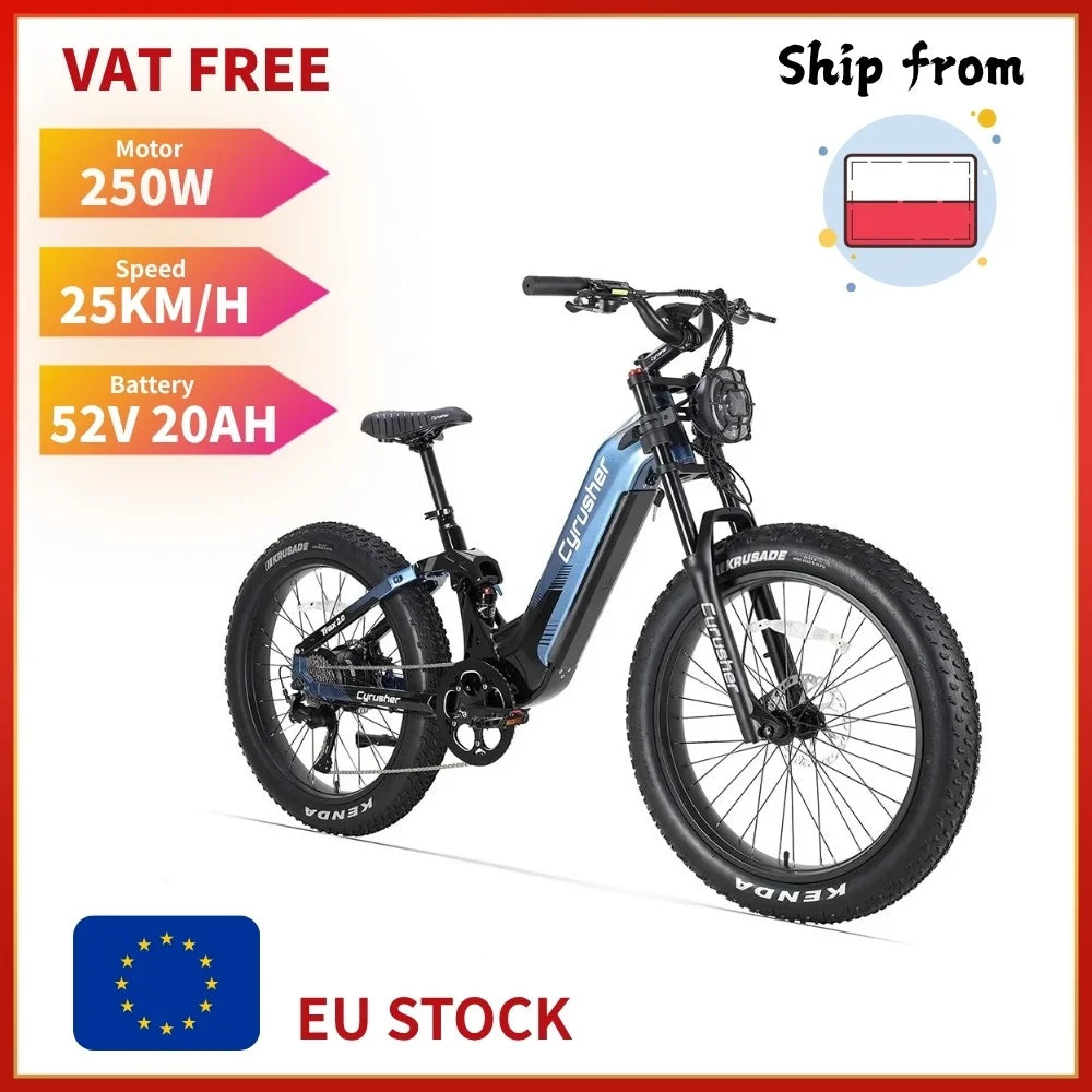 Bicicleta eléctrica Cyrusher Trax 2.0, motor de 250W, amortiguador, neumático todoterreno de 26 pulgadas, batería de 52V20Ah
