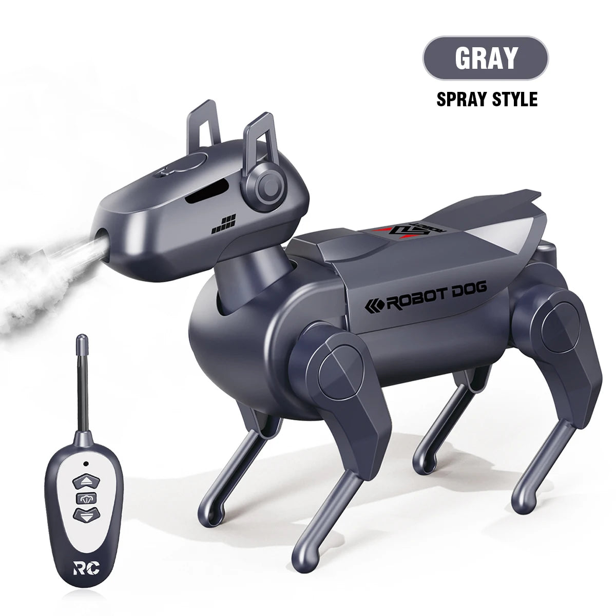 Perro robot RC gris de estilo pulverización con boquilla y mando a distancia