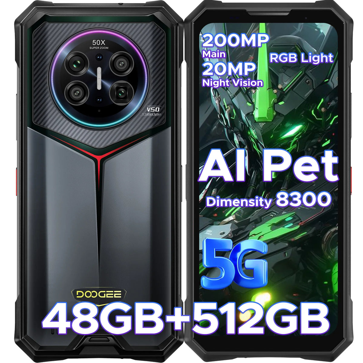 Teléfono resistente DOOGEE V50 5G Dimensity 8300, 48 GB de RAM (12+36) y 256 GB de ROM, batería de 11 000 mAh, pantalla de 6,78'', cámara cuádruple con IA, smartphone con Android 16