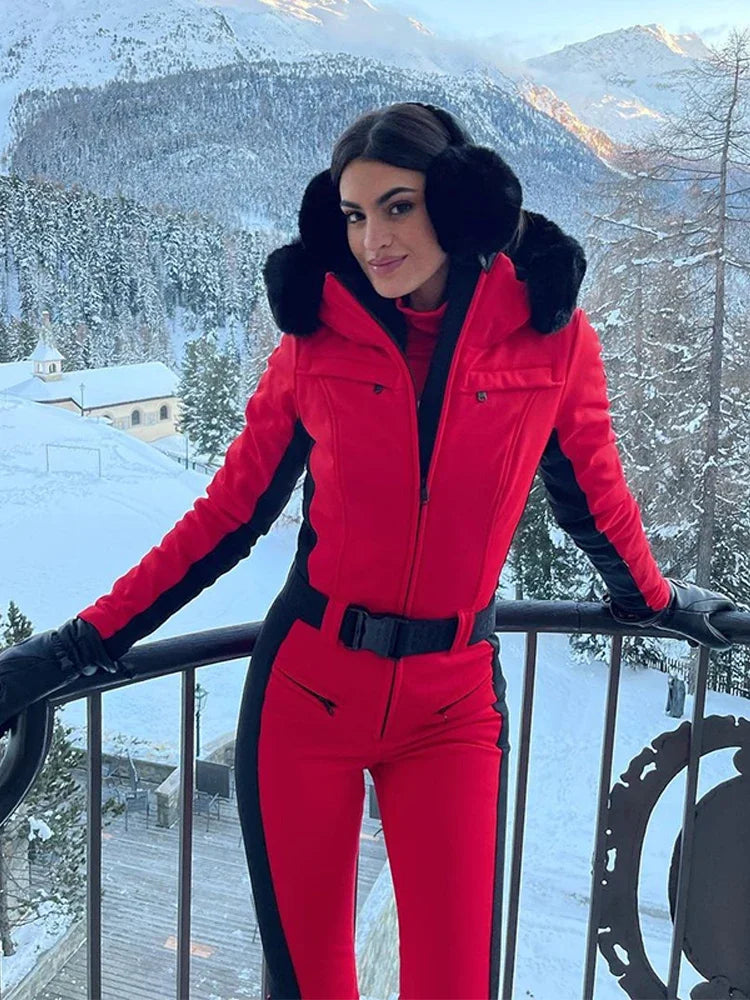 Mono de esquí con capucha de moda para mujer, elegante, con cinturón, parches de piel sintética, cremalleras, bolsillos, cintura alta, ajustado, ropa de esquí deportiva, mono para dama