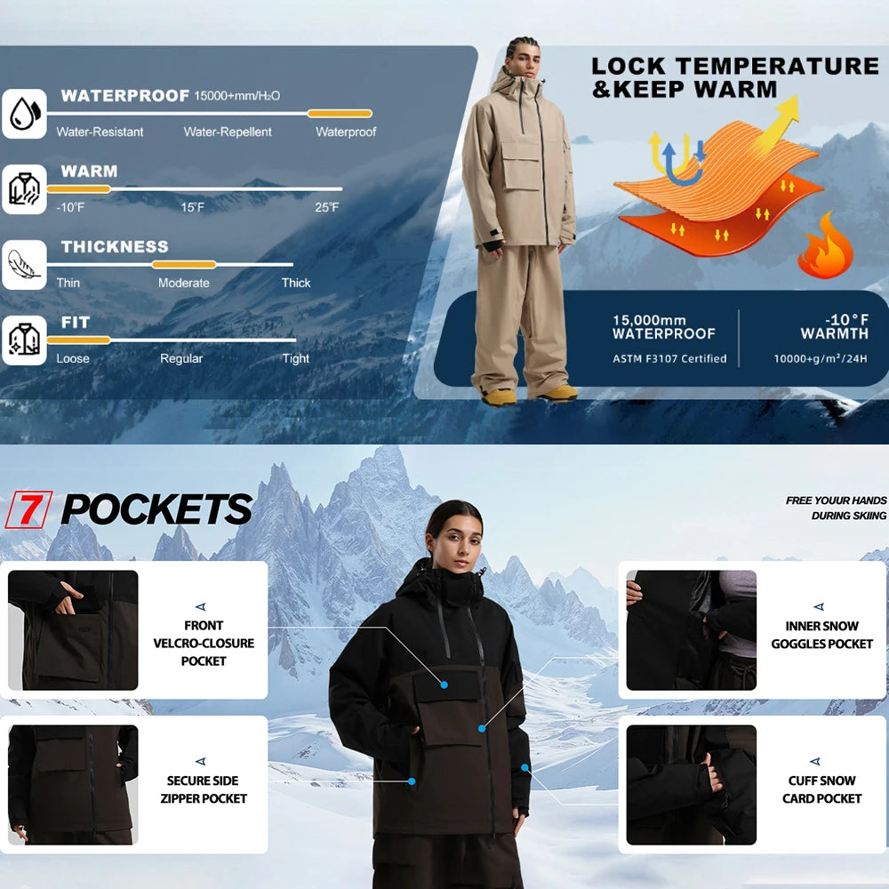 Chaquetas de snowboard con bolsillo súper grande para hombre, abrigos de esquí holgados y transpirables, Tops de invierno Unisex con aislamiento impermeable, Sudadera con capucha con cremallera