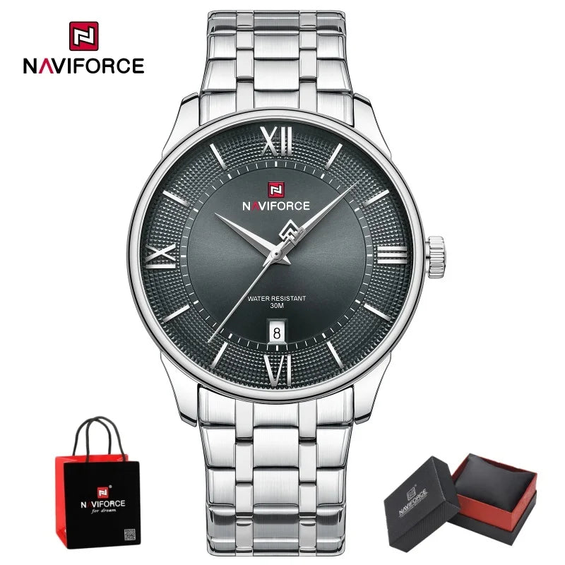 NAVIFORCE Men Elegant Quartz Wristwatch 3ATM Waterproof Calendar Stainless Steel Business Formal Watch Wristwatch Gifts box