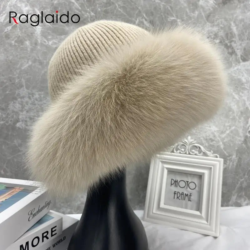 Nuevos y elegantes gorros para mujer, gorro de invierno cálido y esponjoso con hueso, gorro de piel de zorro Natural grueso y suave para exteriores, sombreros de cúpula para mujer
