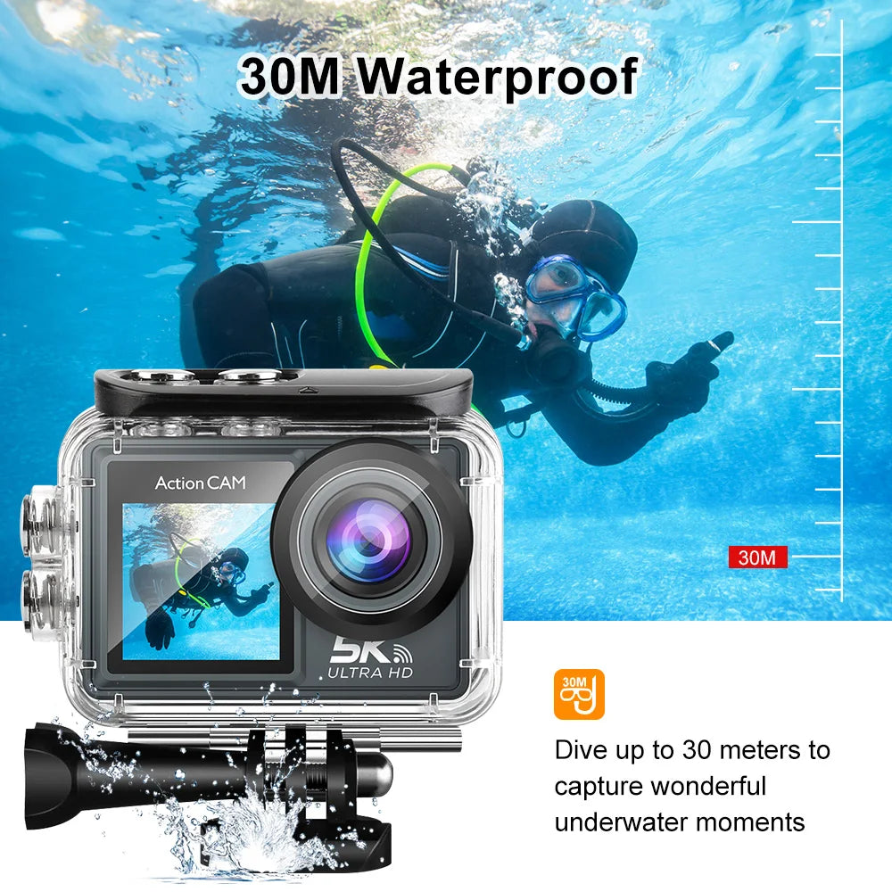 Cámara de acción 5K 4K Ultra HD con doble pantalla, estabilización electrónica de imagen (EIS) y función antivibración, ideal para deportes, 170. °   Cámara de gran angular con WiFi y control remoto, 50MP, para fotogr