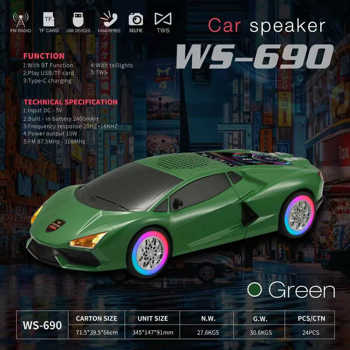 Altavoz Bluetooth modelo coche WS-690, altavoz inalámbrico portátil con luz LED, radio FM, tarjeta TF, reproducción USB, decoración de escritorio