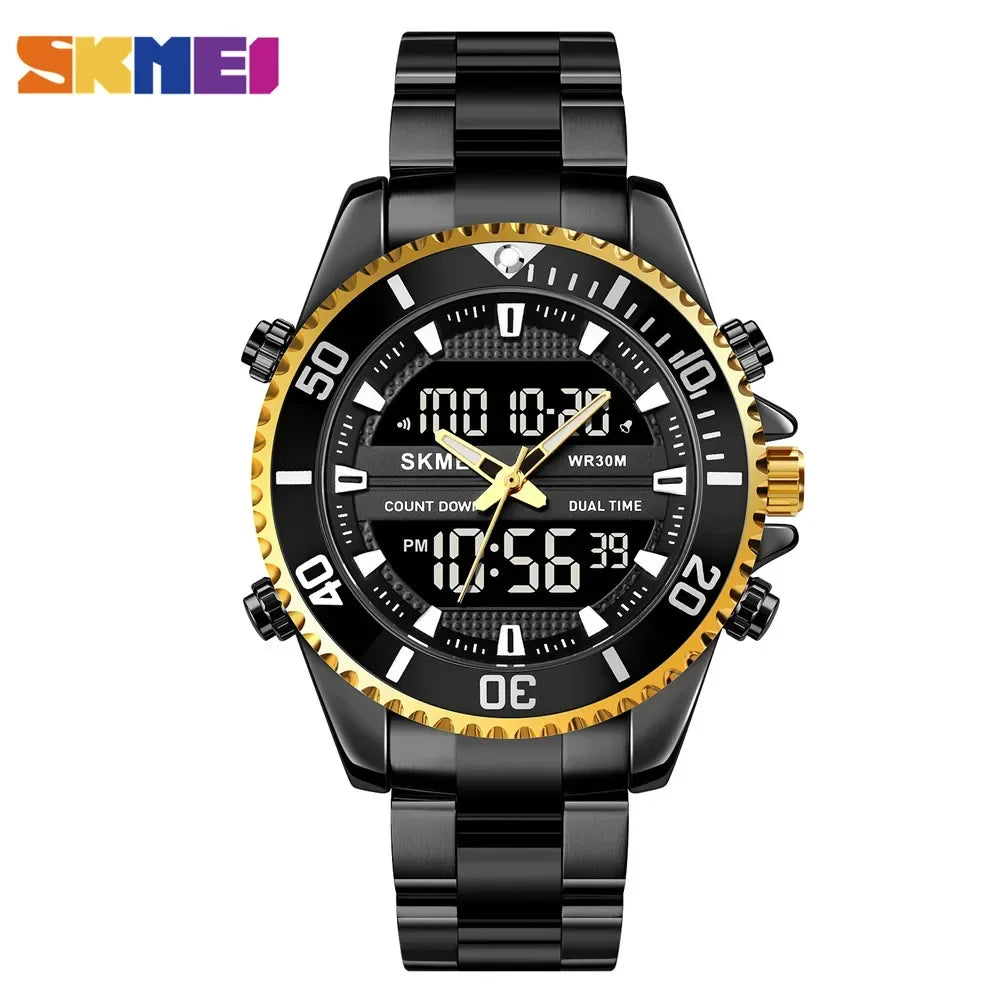 Reloj SKMEI con alarma para hombre, resistente al agua, de acero inoxidable, con doble pantalla, reloj digital de moda para caballero, modelo 1850
