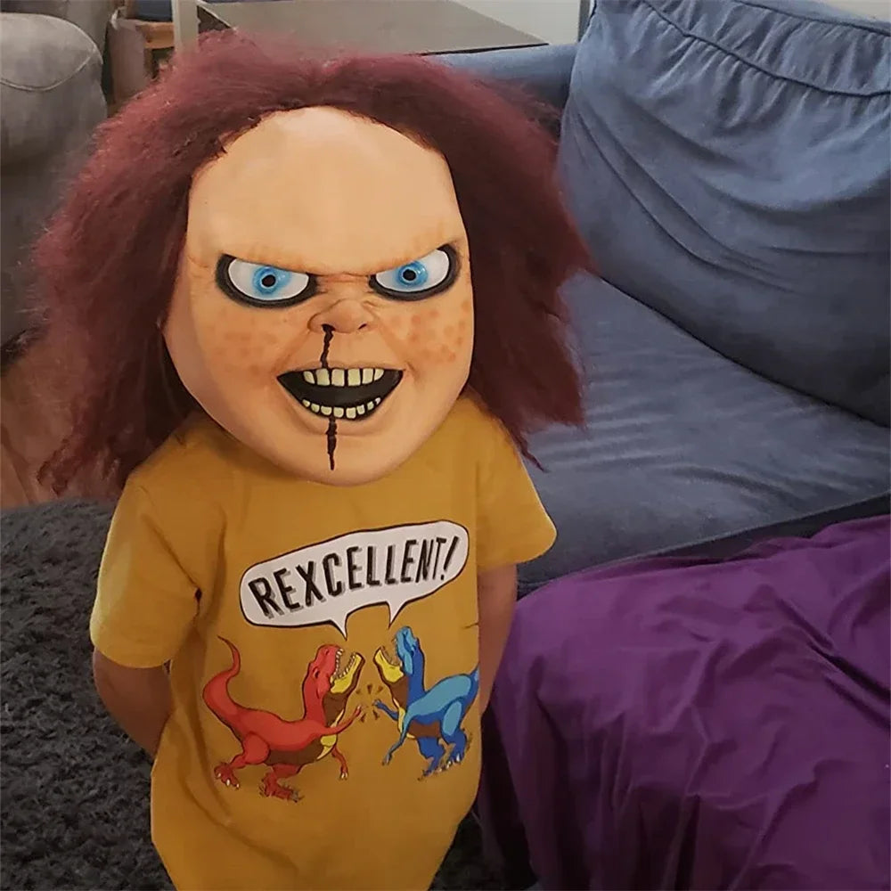 Máscara de Chucky de Child's Play, máscara de látex de asesino terrorífico para Halloween, disfraz de fiesta, accesorios de cosplay de Chucky, cubierta para la cabeza.