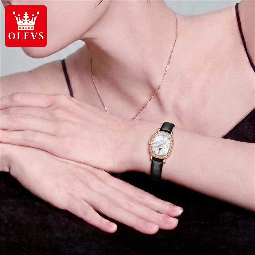 Reloj de pulsera para mujer OLEVS de lujo, diseño ovalado con bisel de cristal, cuarzo delgado, correa de piel y acero, elegante reloj multicolor 5697