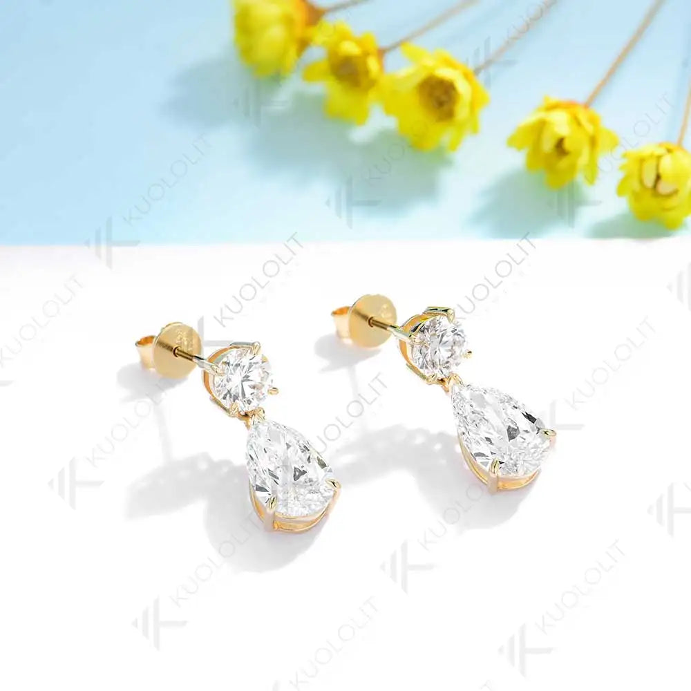 Kuololit 3CTW Pendientes de diamantes cultivados en laboratorio para mujer Sólido 18K 14K 10K 585 Pendiente de clip de pera de oro amarillo para regalo de Navidad
