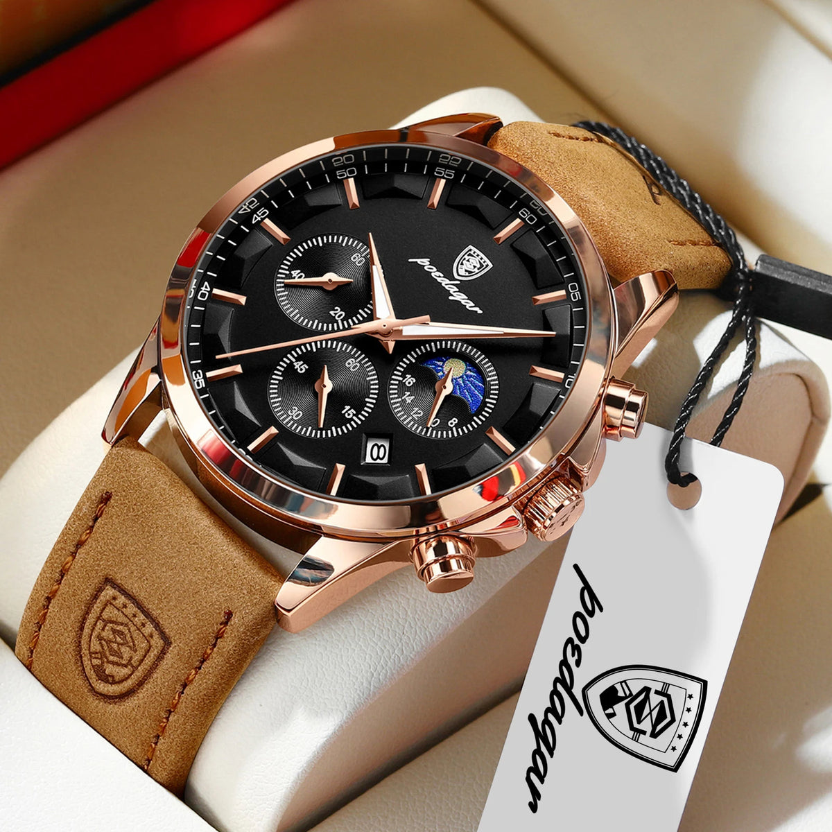 Reloj de pulsera para hombre POEDAGAR, deportivo y de lujo, con cronógrafo, resistente al agua, luminoso, con fecha y correa de piel, ideal para negocios.
