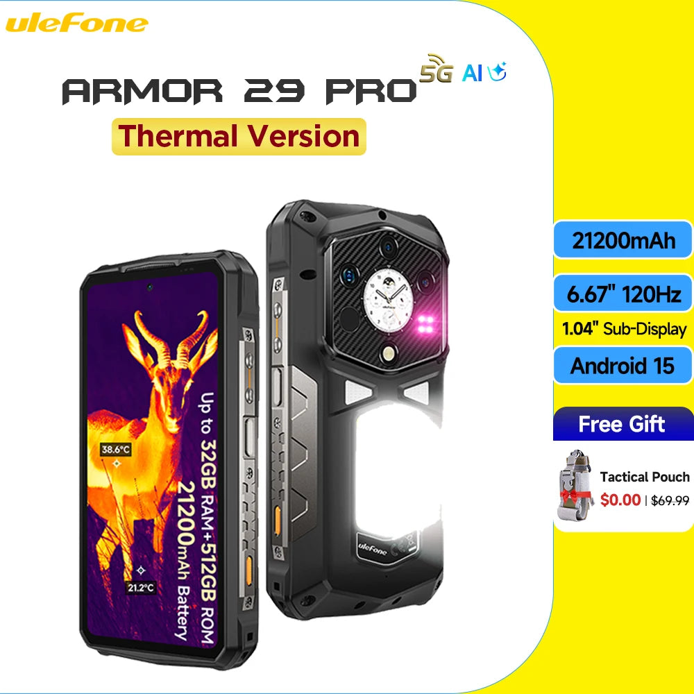 Smartphone resistente Ulefone Armor 29 Pro T 5G, Android 15, MTK Dimensity 7400, 21200 mAh, carga rápida de 120 W, 6,67", 120 Hz, 512 GB ROM