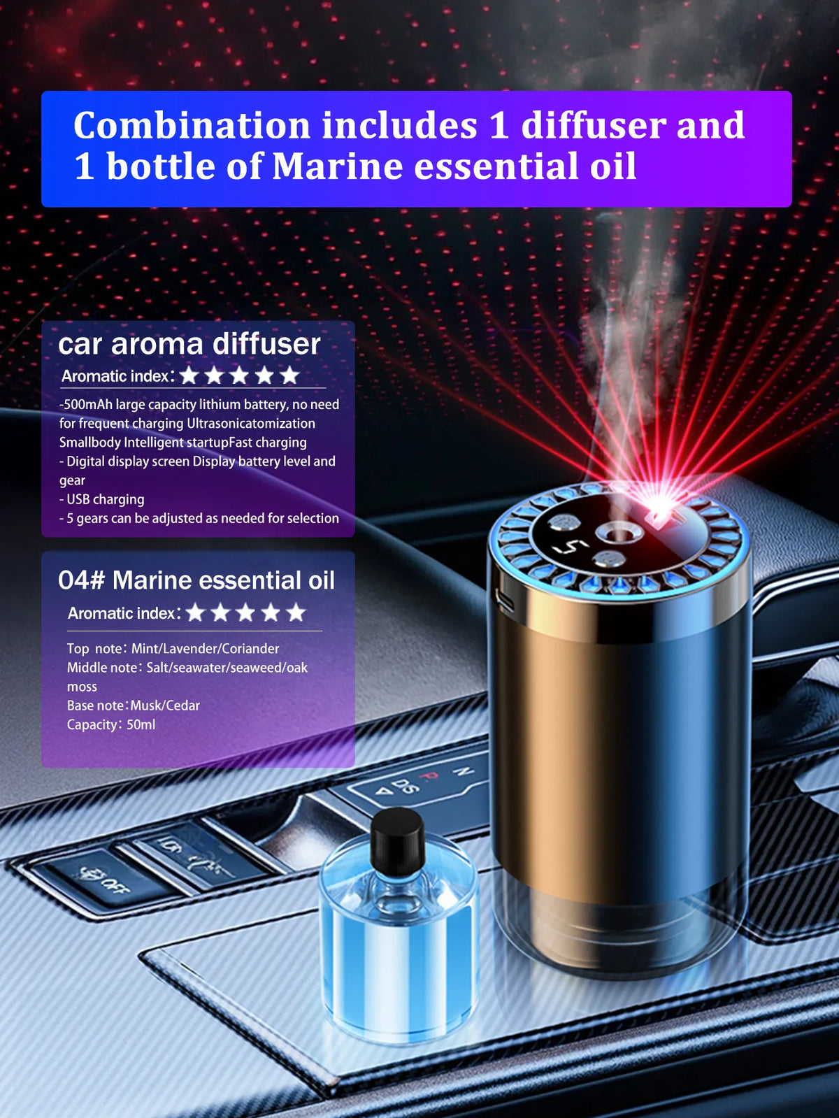 Difusor de aroma de coche recargable, aceite esencial aromático, luces coloridas, luces románticas de cielo estrellado, regalo de dormitorio