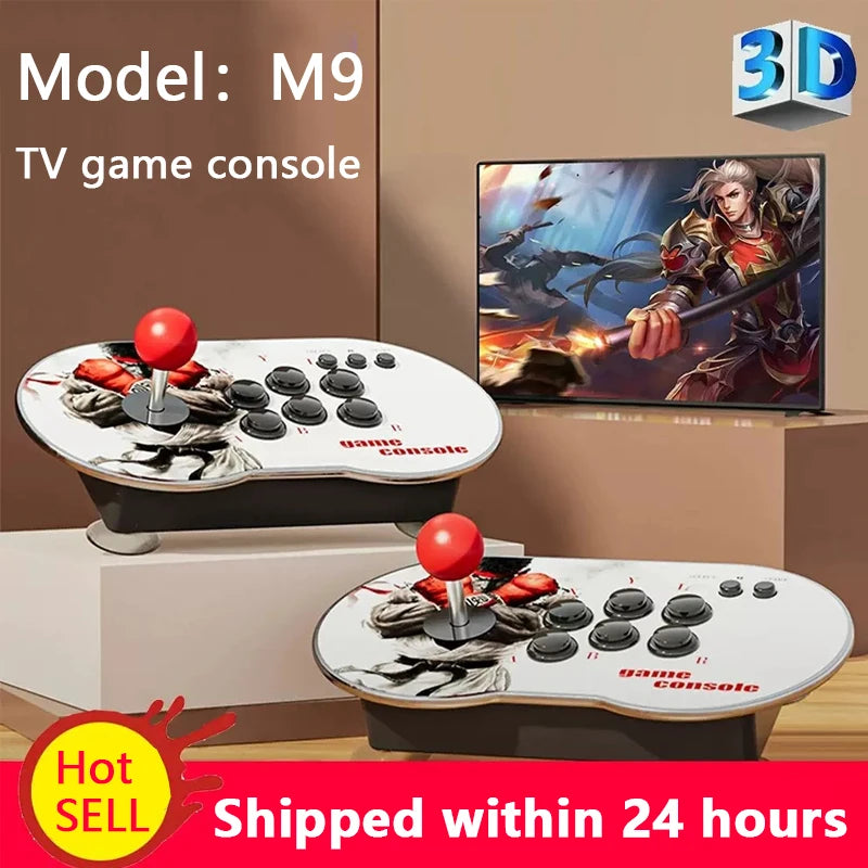 Consola de videojuegos TV M9 blanca con joystick rojo y botones negros, vista frontal doble