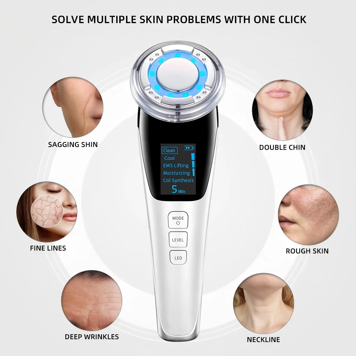 Dispositivo facial 4 en 1 con microcorriente, masaje refrescante, luz roja y azul, kit de masaje facial y de cuello con fotones para el cuidado de la piel en casa.