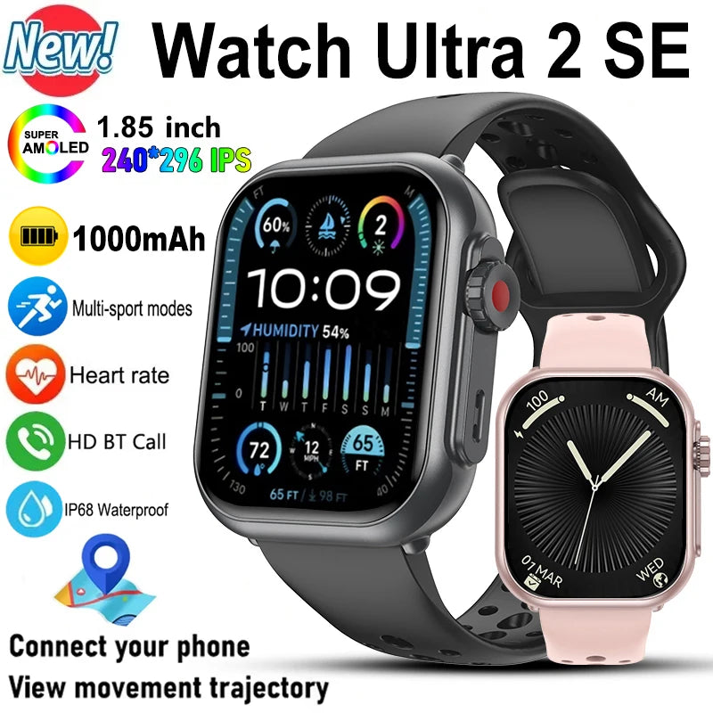 Smart Watch Ultra 2 SE Hombre Mujer 1000mAh HD AMOLED Frecuencia cardíaca 100+ Deportes Llamada Bluetooth Seguimiento GPS Reloj inteligente resistente al agua para Apple