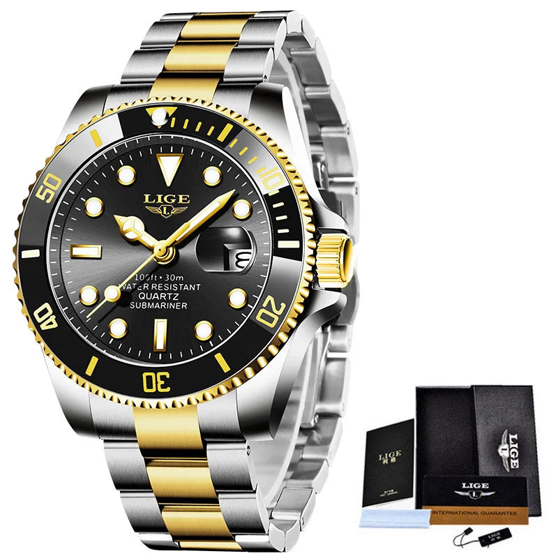 Reloj de pulsera deportivo para hombre LIGE, de cuarzo, marca de lujo, estilo buceo, resistente al agua 30ATM, con calendario.